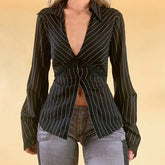 Striped Shirts Lace Trim Deep V Neck Single Breasted Flared Sleeve Cardigan Blouses Tops y2k Clothing Streetwear